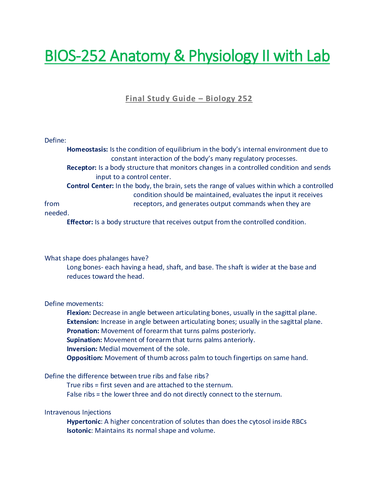 Preview of BIOS252 / BIOS 252 Final Study Guide  : Anatomy & Physiology II - Chamberlain